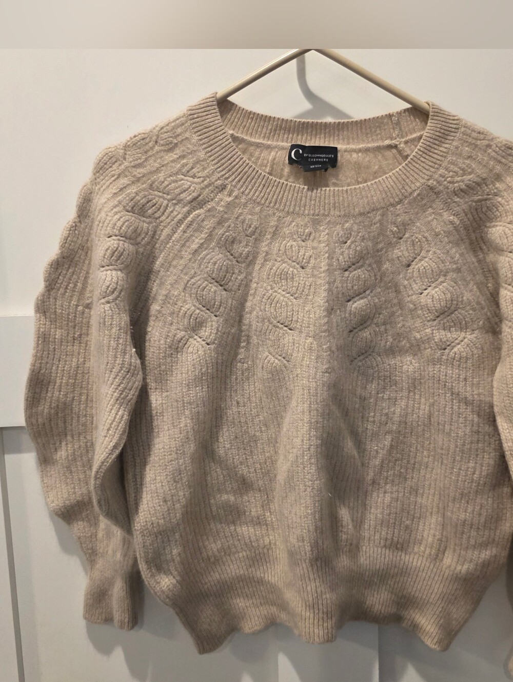 C by Bloomingdales Women's 100 % Cashmere Sweater  Tan Beige Fair Isle Cable Rib